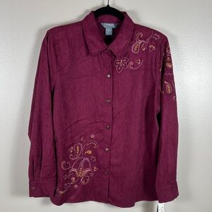 Koret Burgundy Button Down Shirt with Embroidered Accents